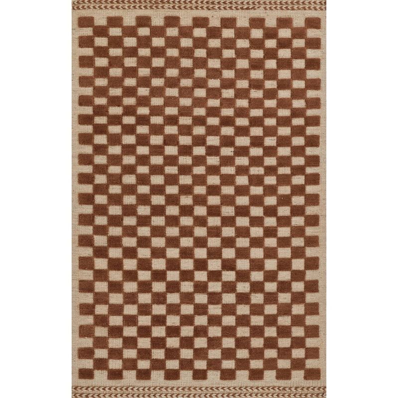 Handwoven Brown and Beige Wool Checkered 5' x 8' Rug