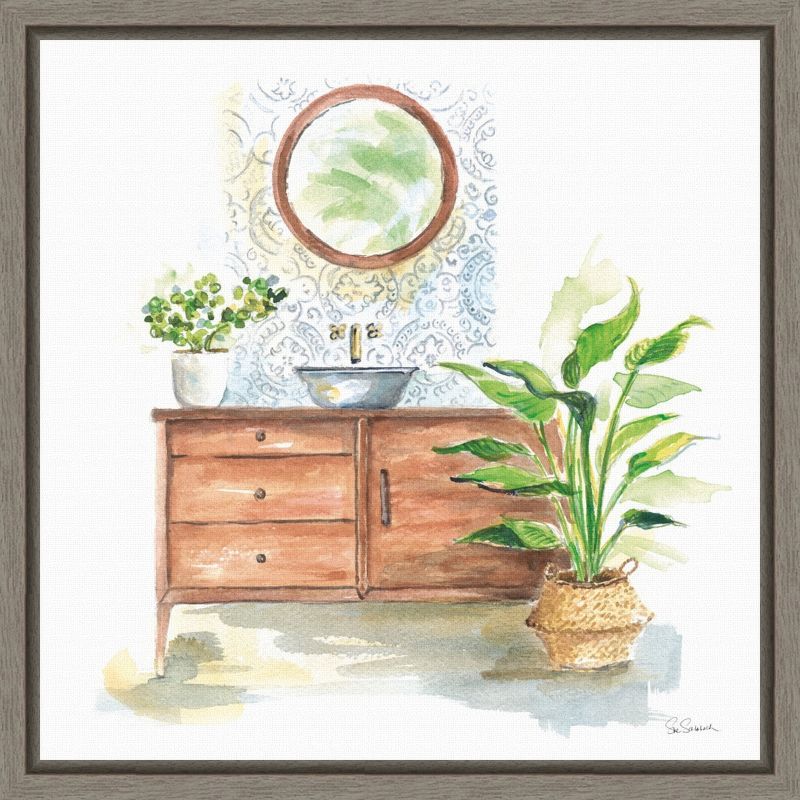 Greenery Bath Framed Canvas Wall Art Print, 16 x 16 inches