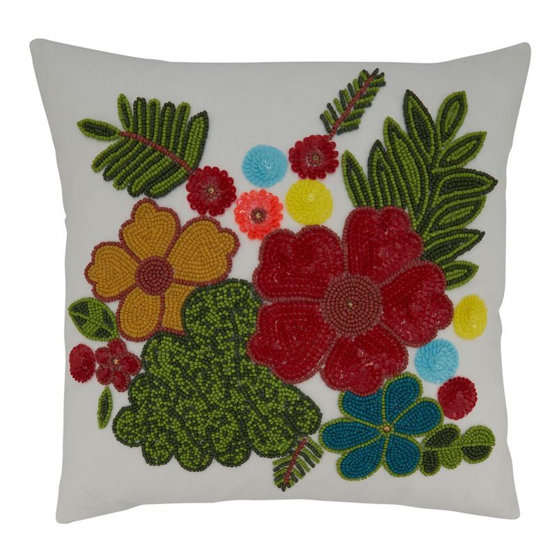 Multicolor Beaded Embroidered Floral Square Cotton Pillow, 16"