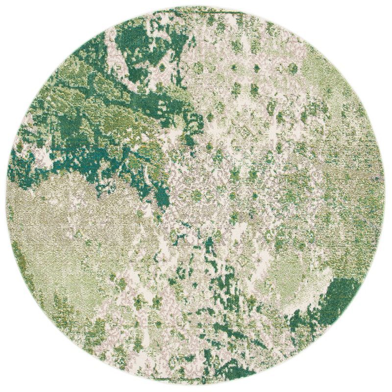 Green and Ivory Round Abstract Synthetic Area Rug