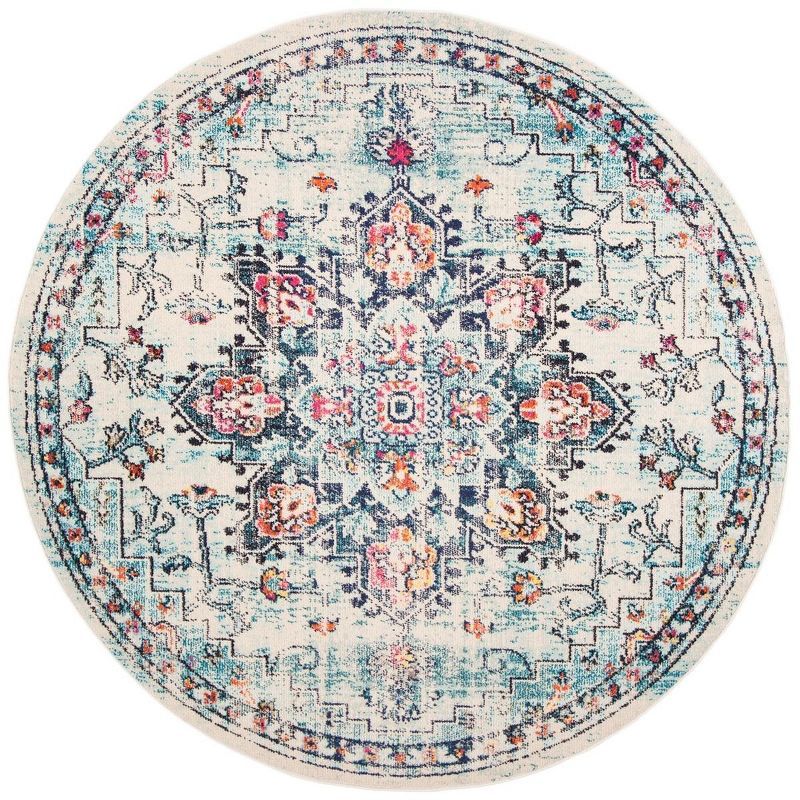 Hand-Knotted Cream and Blue Round Synthetic Rug