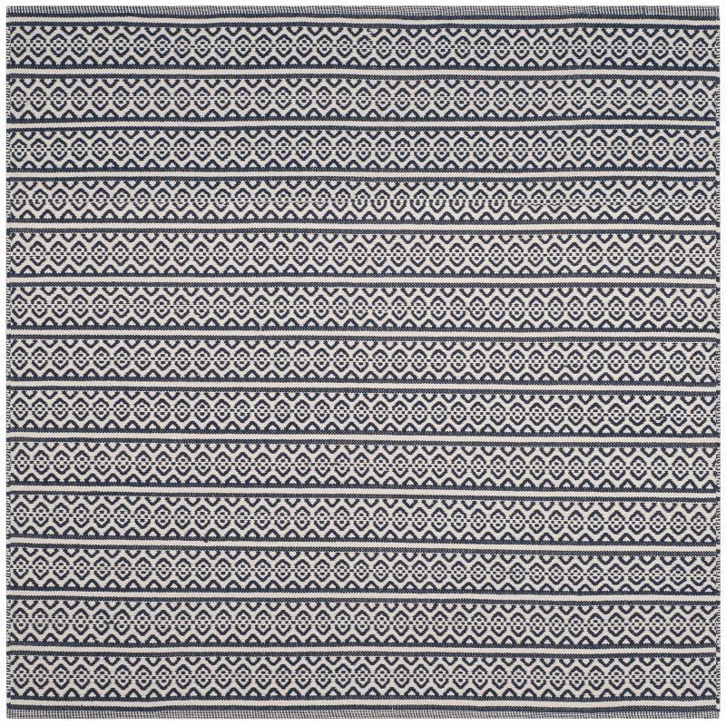 Ivory and Navy Cotton Stripe Handmade Reversible Square Rug