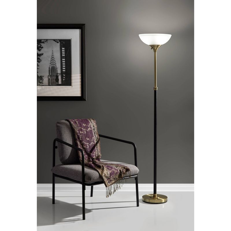 71" Black and Antique Brass Torchiere Floor Lamp with Frosted Glass Shade