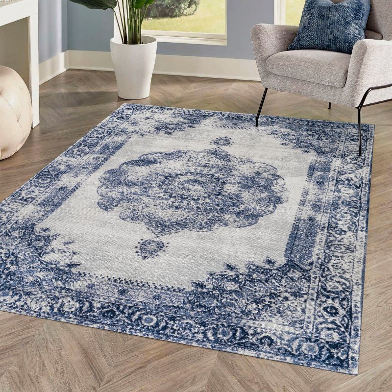 Handmade Dark Blue and Ivory Synthetic Medallion Area Rug, 8' x 10'