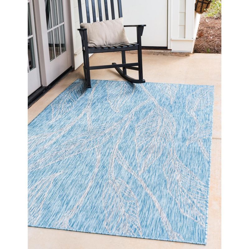 Light Aqua Botanical Outdoor Rectangular Synthetic Rug