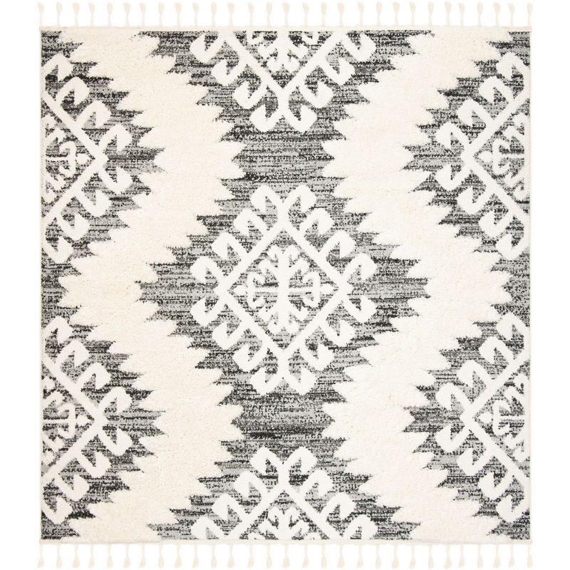 Ivory and Grey Diamond Braided Tassel Shag 3' Square Rug