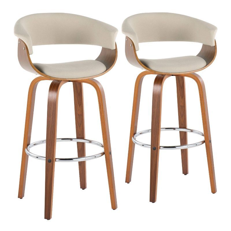 Cream Walnut Chrome Swivel Barstools with Footrest, Set of 2