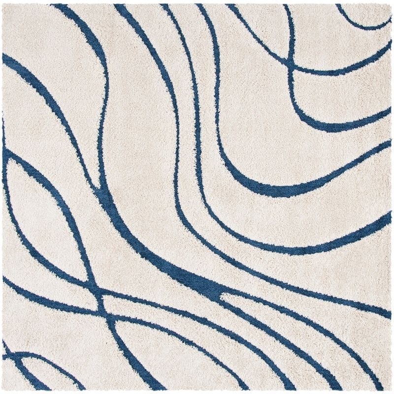 Cream and Blue Square Shag Rug with Abstract Wave Design