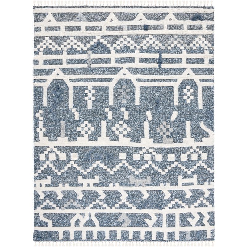 Blue and Ivory Hand-knotted Wool Shag Area Rug, 9' x 12'