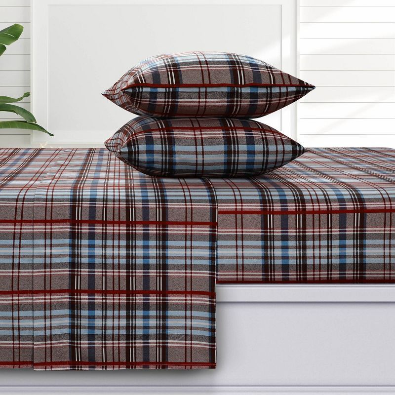 Full Blue Plaid Cotton Flannel Deep Pocket Sheet Set