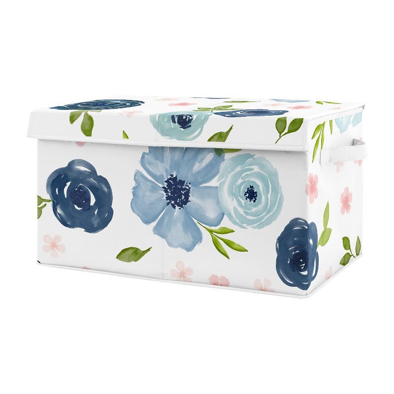 Blue and Pink Floral Fabric Storage Toy Bin with Lid