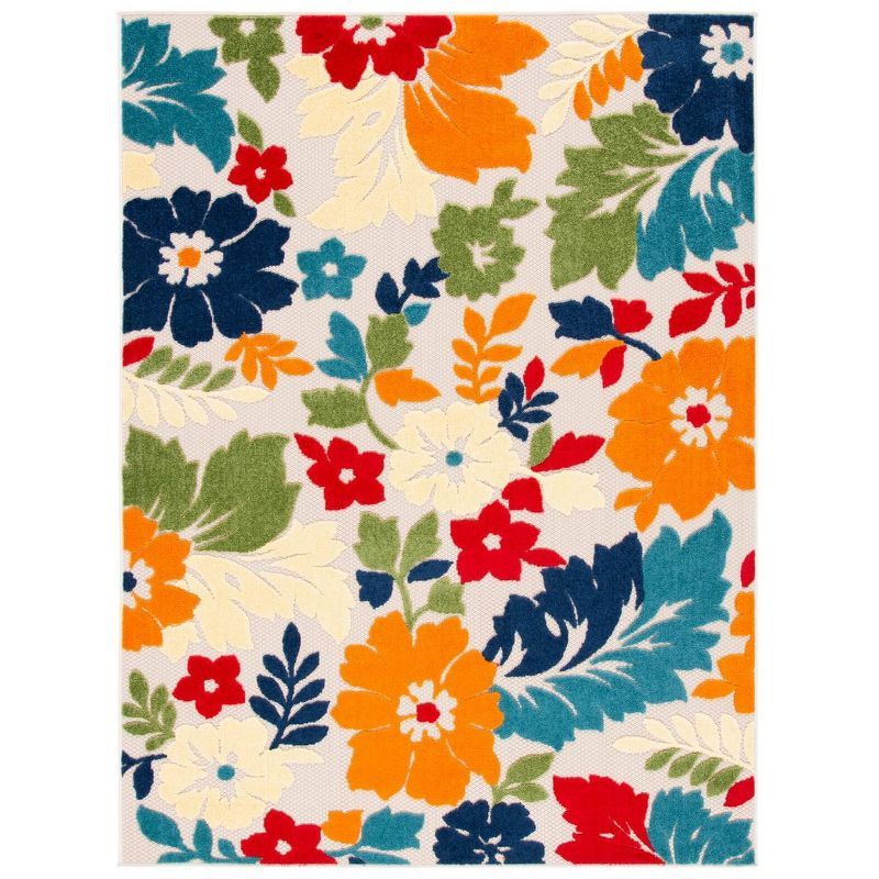 Ivory and Orange Floral Synthetic Indoor/Outdoor Area Rug