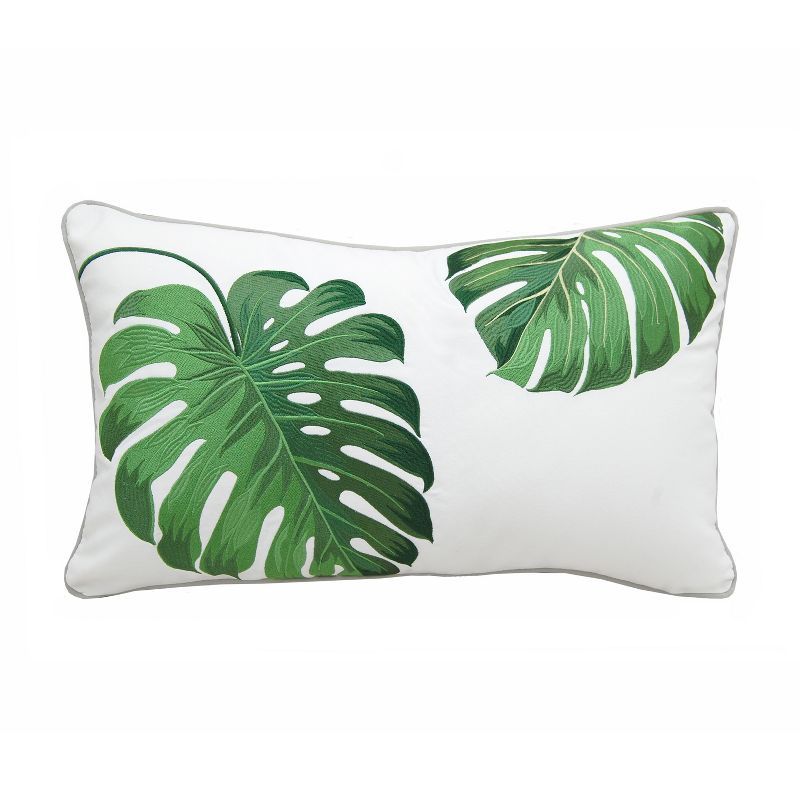 Green Monstera Embroidered Lumbar Indoor/Outdoor Pillow