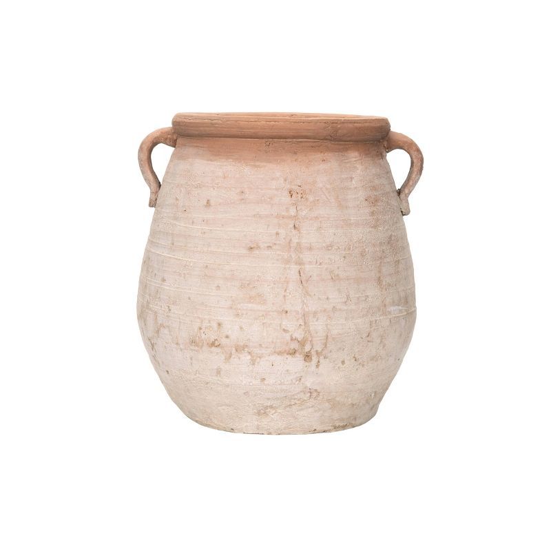 14" Orange and Whitewashed Terracotta Urn with Handles