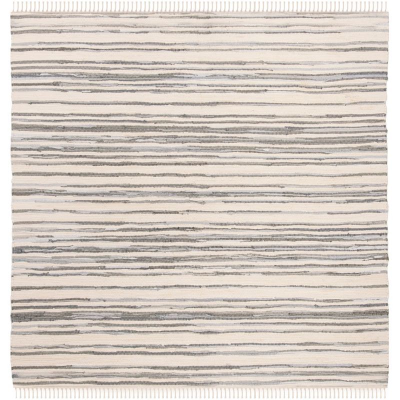 Handmade Square Flat-Woven Striped Wool-Cotton Rug in Gray - 4' x 4'