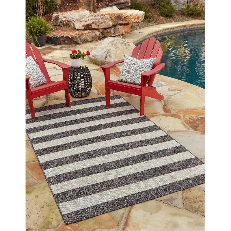 Charcoal Gray and Black Stripe Synthetic Outdoor Rug 4' x 6'