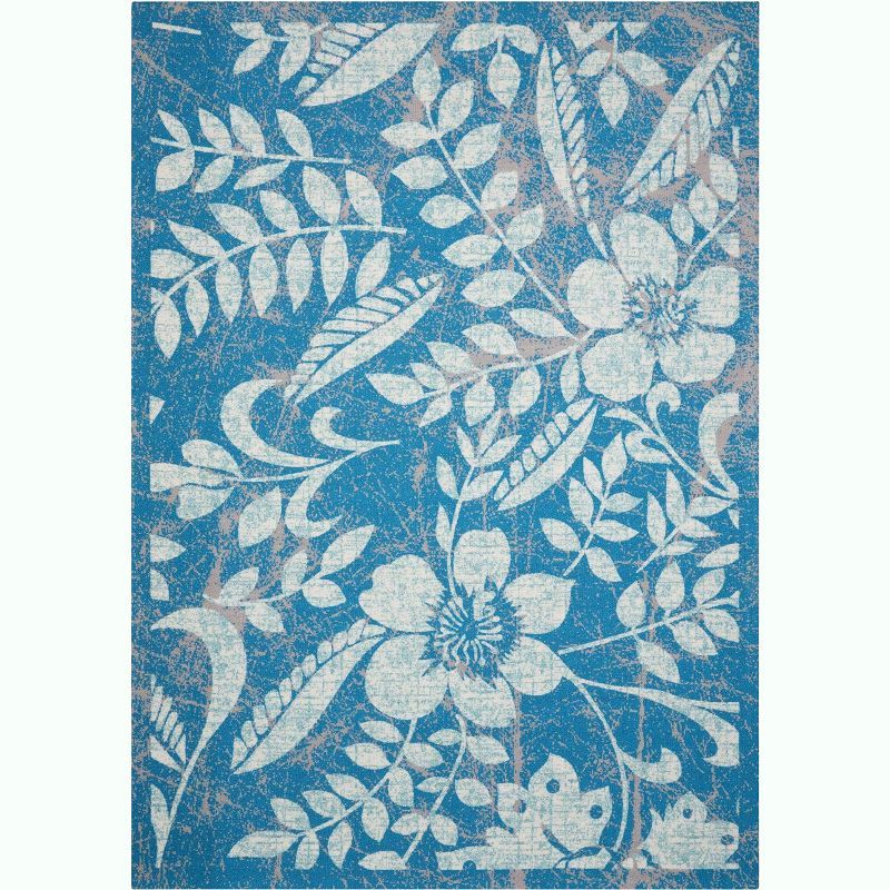 Handmade Blue Floral Synthetic Rectangular Area Rug 93" x 130"