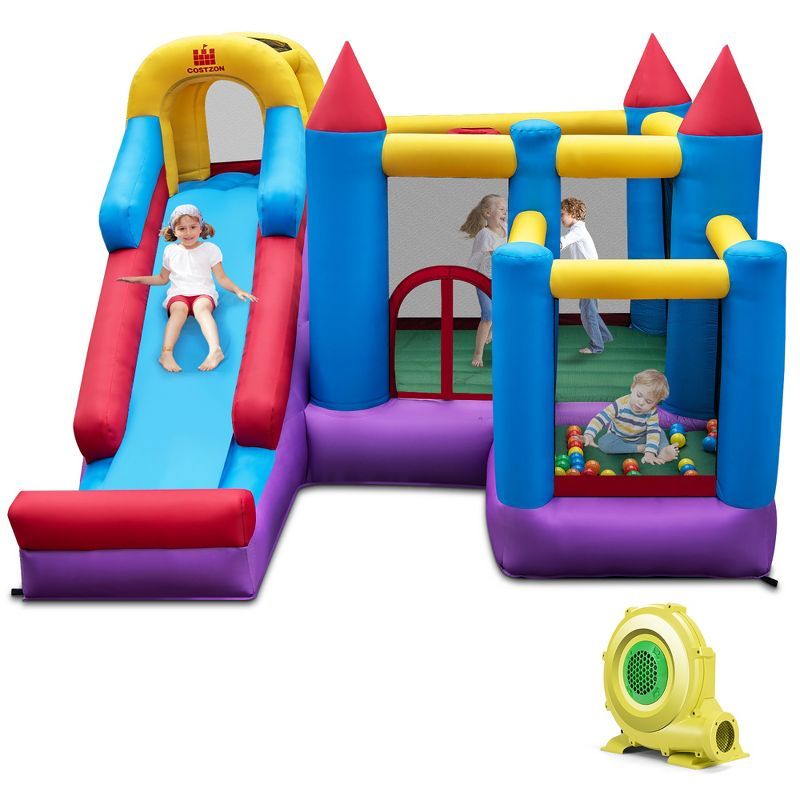 Colorful 5-in-1 Inflatable Bounce Castle with Slide and Blower