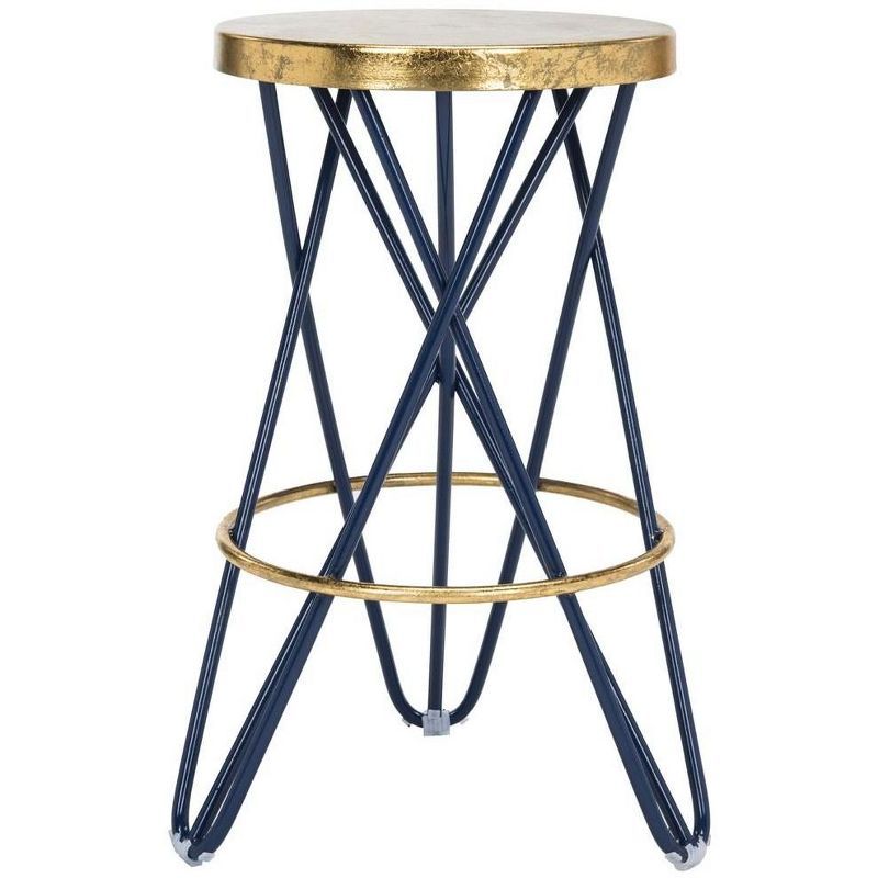 Beige and Blue Wood Metal Backless Counter Stool