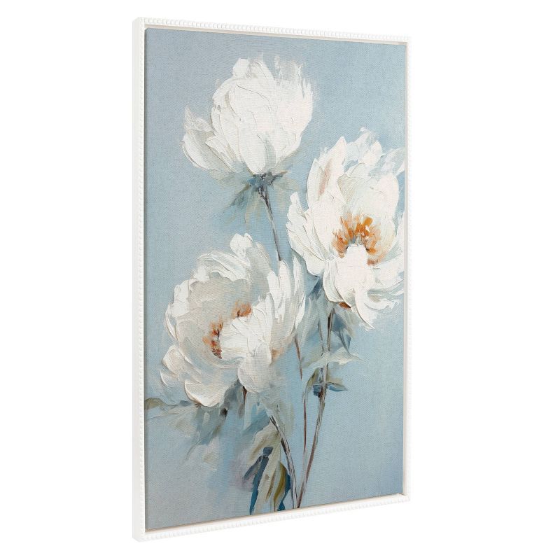 White Peonies on Ocean Blue Canvas with Beaded Frame