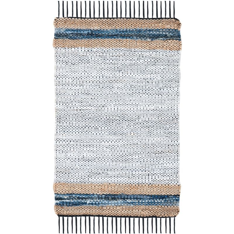 Gray and Natural Handmade Leather Flat Woven Rug