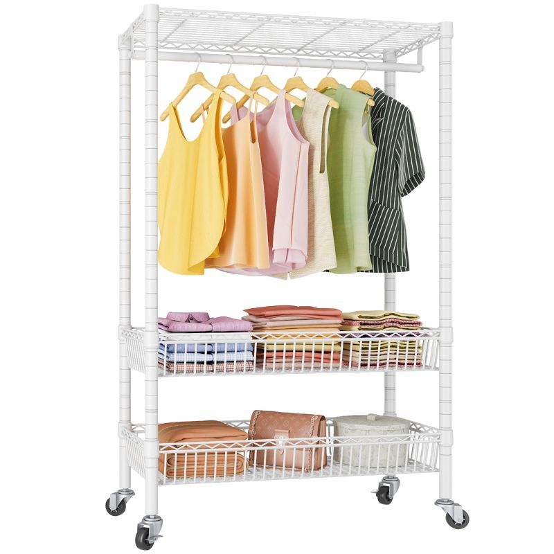 White Metal Free-Standing Closet with Adjustable Shelves and Wheels