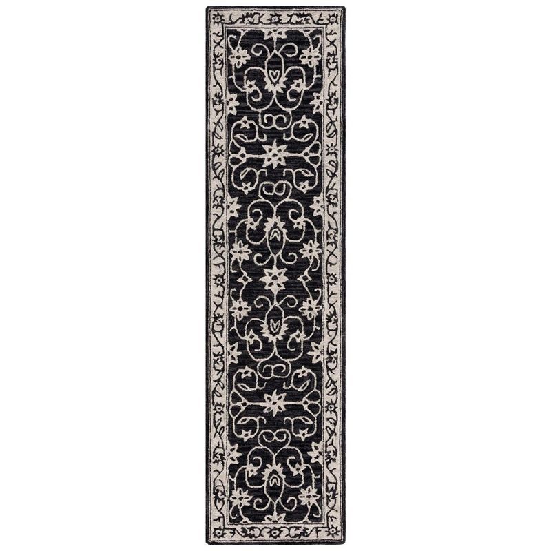 Handmade Black and Ivory Floral Wool Runner Rug