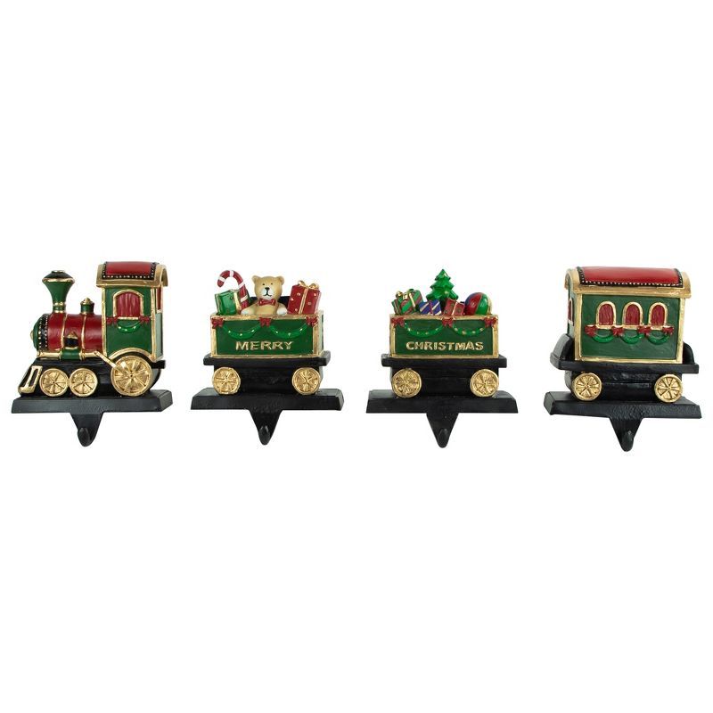 Festive Polyresin Red and Green Train Stocking Holders Set