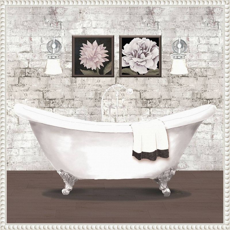 22"x22" Brick Bath I White Canvas Wall Art with Beaded Frame