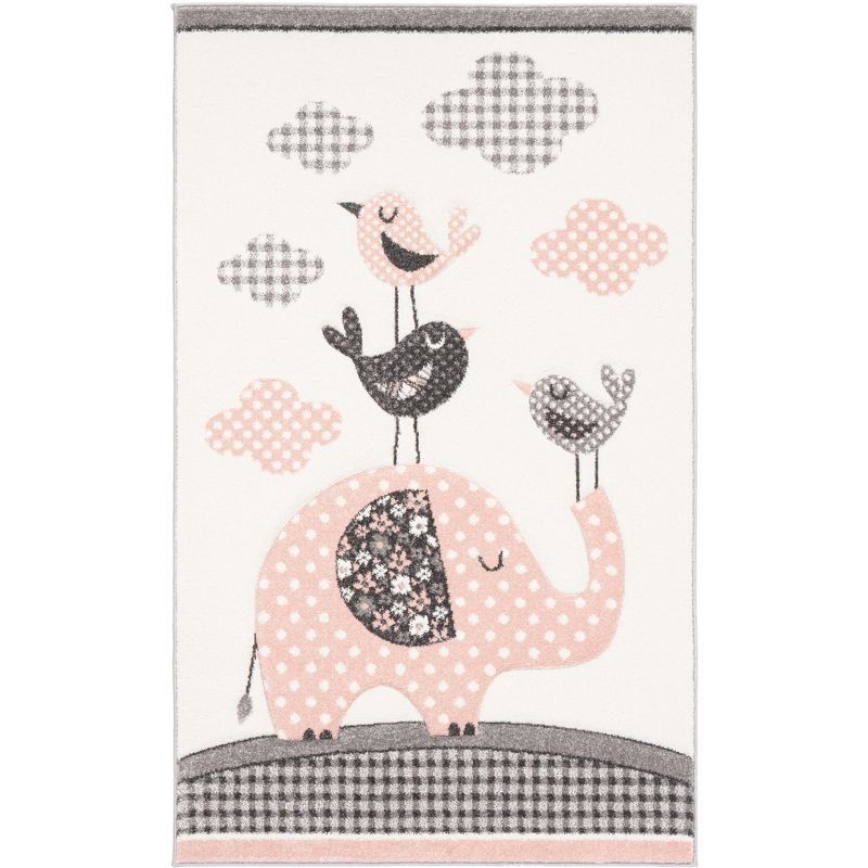 Ivory and Pink Synthetic Kids Non-slip Rectangular Area Rug