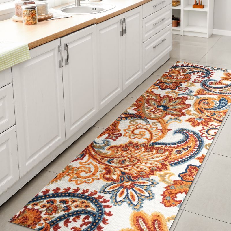 Paisley High-Low Orange and Multicolor Synthetic Runner Rug