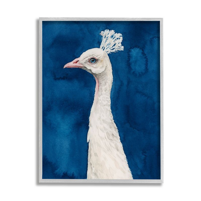 Royal Blue and White Feather Peacock Print with Gray Frame, 16 x 20