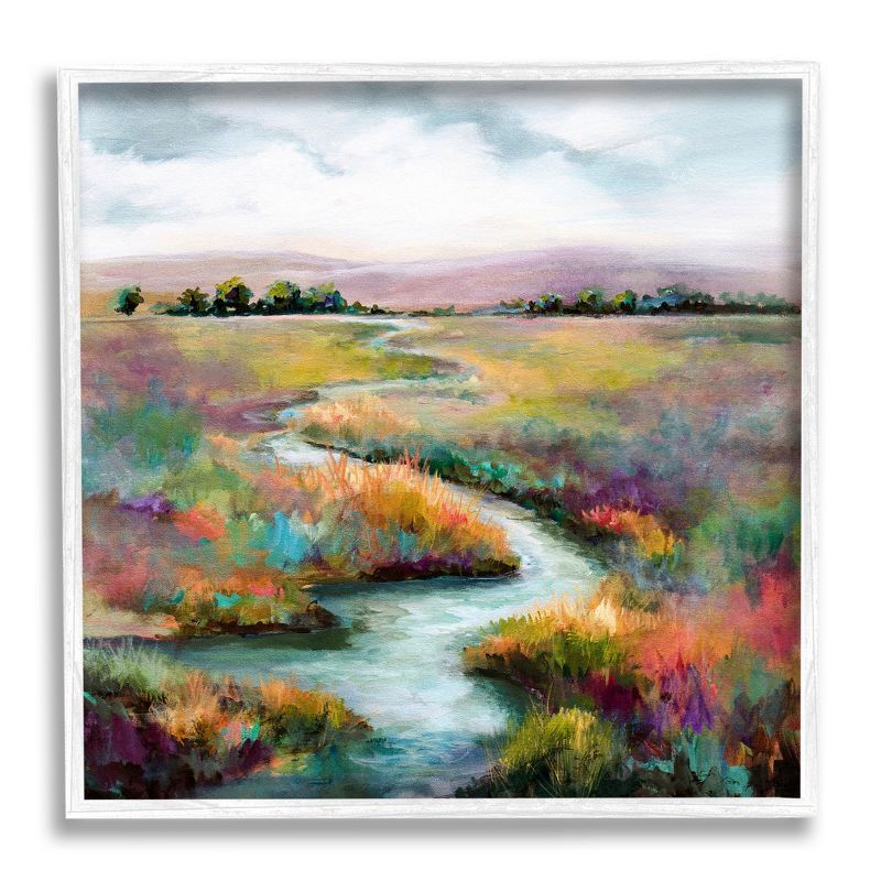 Vivid River Flowing Landscape Canvas Print with White Frame