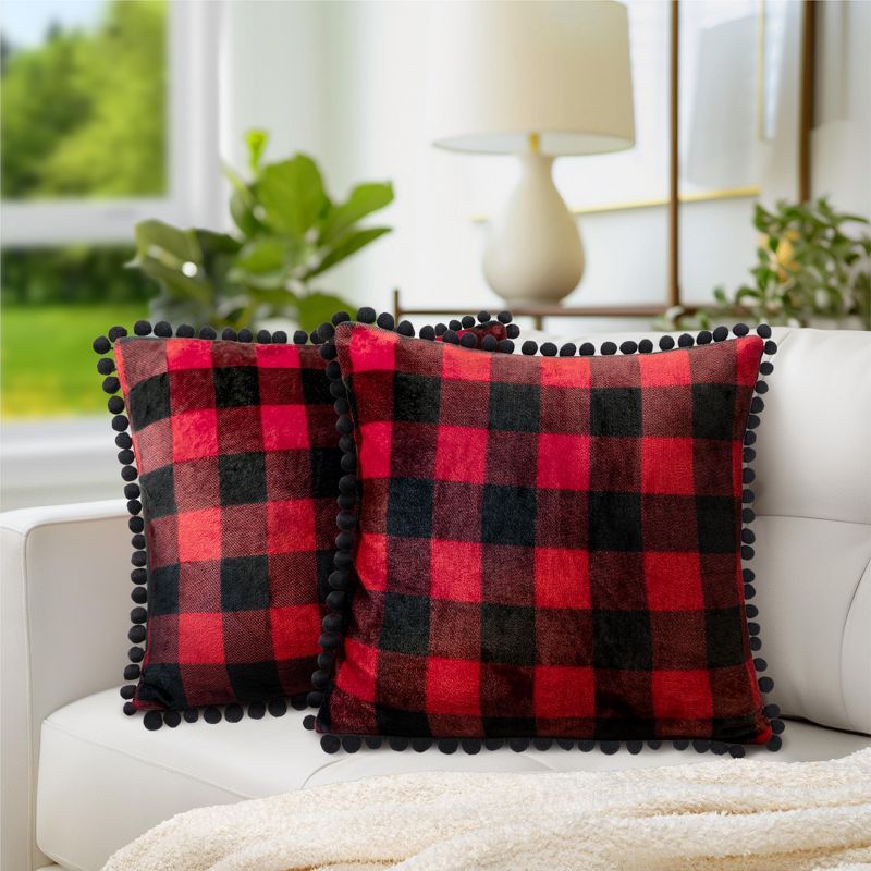 Red and Black Plaid Pom Pom Flannel Pillow Covers, Set of 2