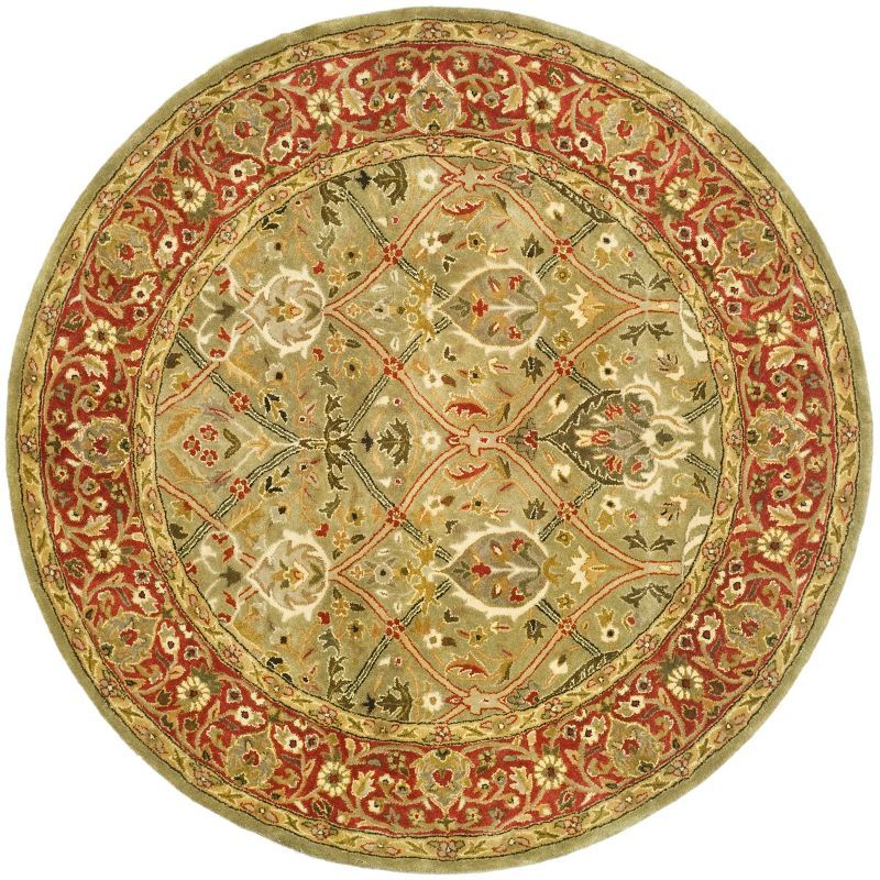 Round Light Green and Rust Wool Tufted Area Rug