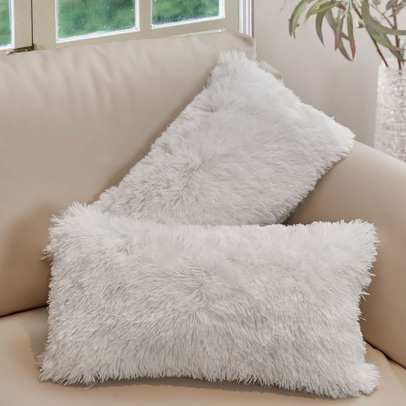 White Faux Fur Rectangular Decorative Throw Pillows Set