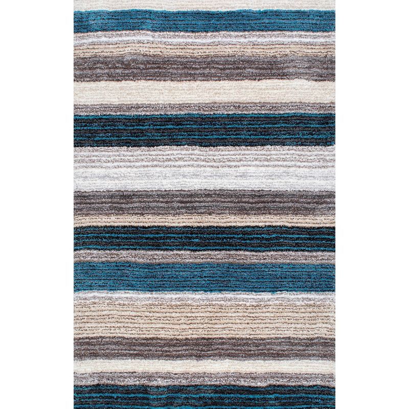 Handmade Tufted Striped Shag Round Rug in Blue Multi