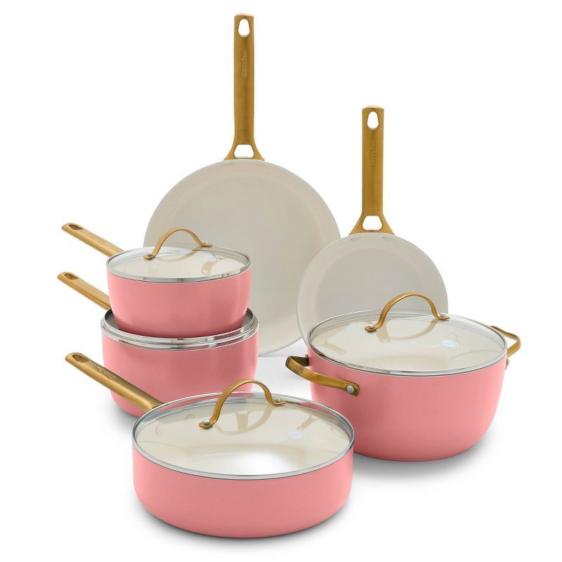 Coral Ceramic Nonstick 10-Piece Cookware Set with Gold Handles