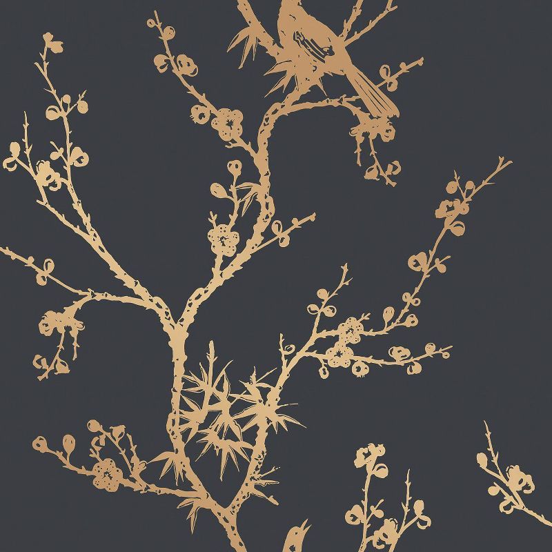 Black and Gold Chinoiserie Bird Peel and Stick Wallpaper