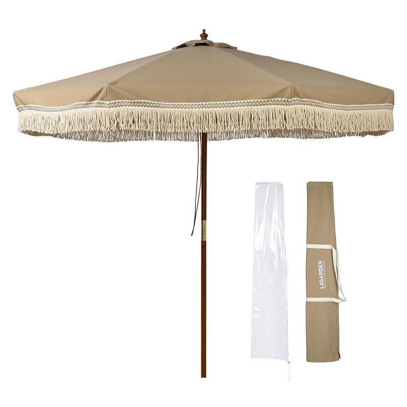 Mocha Brown 9' Patio Umbrella with Cotton Fringe and Wooden Frame