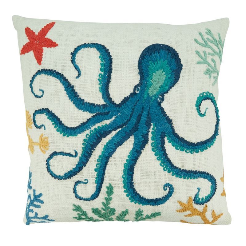 Multicolor Coastal Cotton Octopus Design 20" Pillow Cover