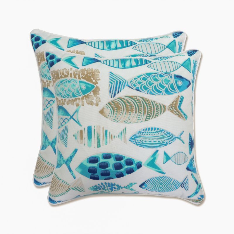 Blue and White Nautical Fish Outdoor Throw Pillow Set