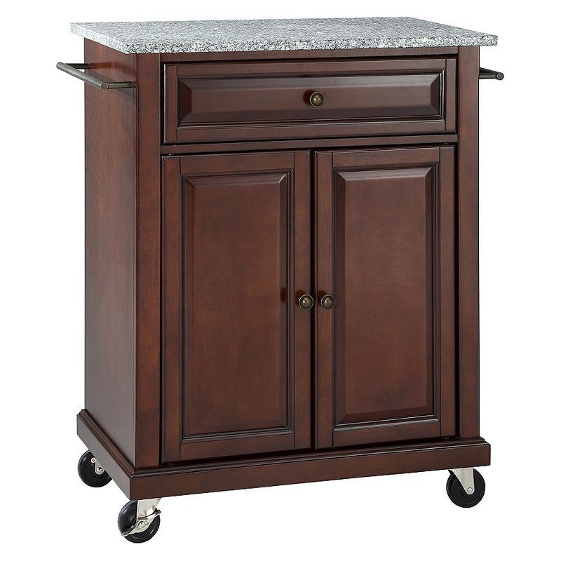 Compact Granite Top Mahogany Kitchen Cart with Ample Storage