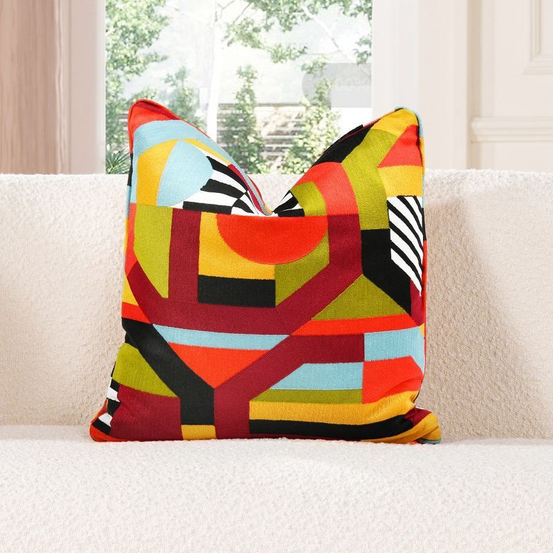 Colorful Geometric Embroidered 20" Square Throw Pillow with Feather Insert