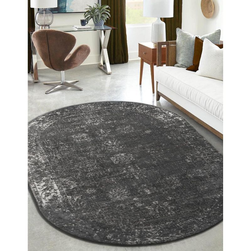 Dark Gray Oval Synthetic Easy Care Stain-resistant Rug