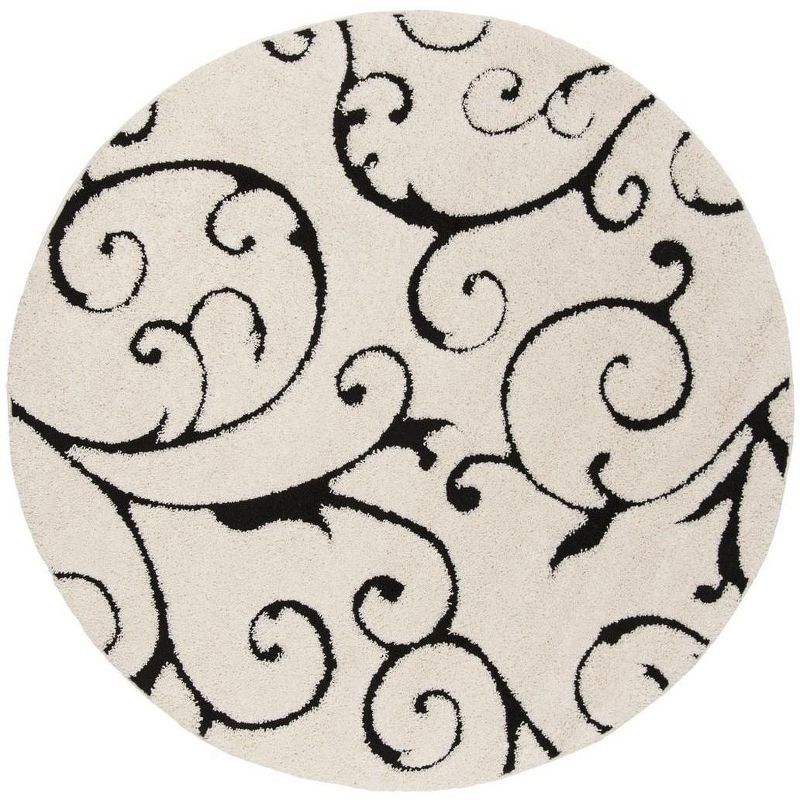 Ivory and Black Round Floral Shag Area Rug