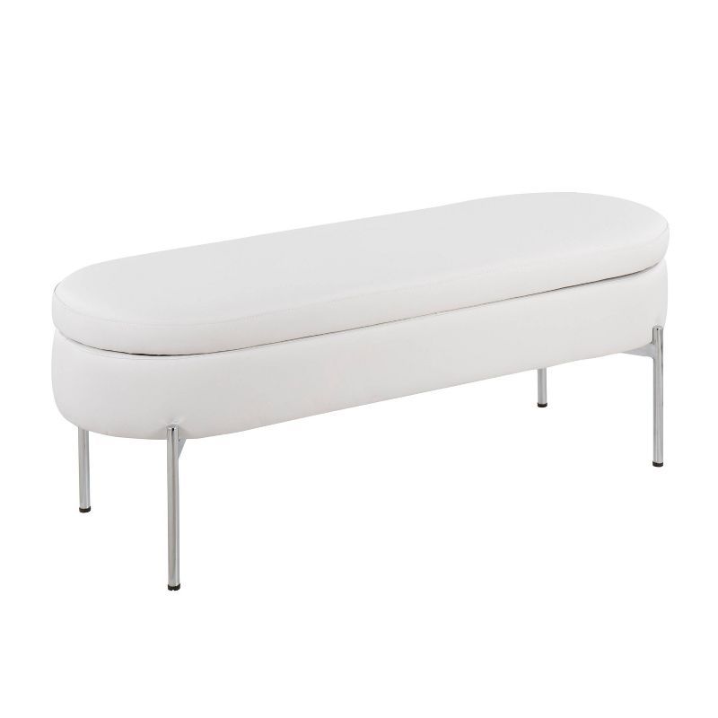 48" White Faux Leather Storage Bench with Chrome Legs