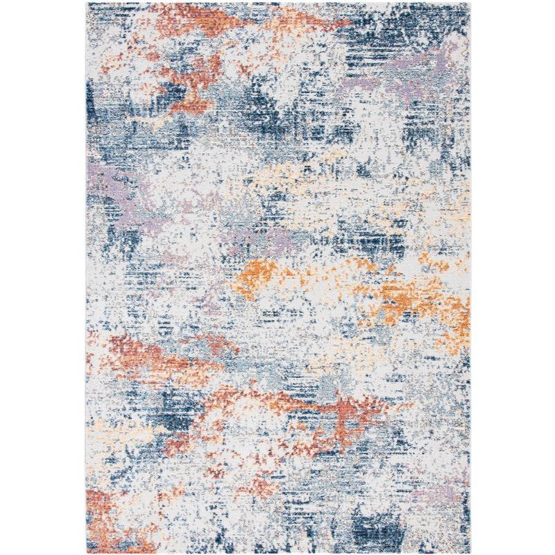 Ivory and Blue Abstract Hand-Knotted Synthetic Area Rug