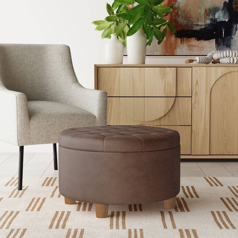 Brown Faux Leather Round Tufted Storage Ottoman with Oak Legs