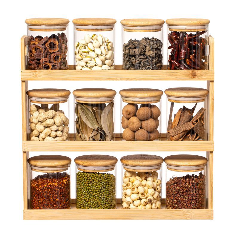Versatile 3-Tier Bamboo Spice Rack with 12 Glass Jars